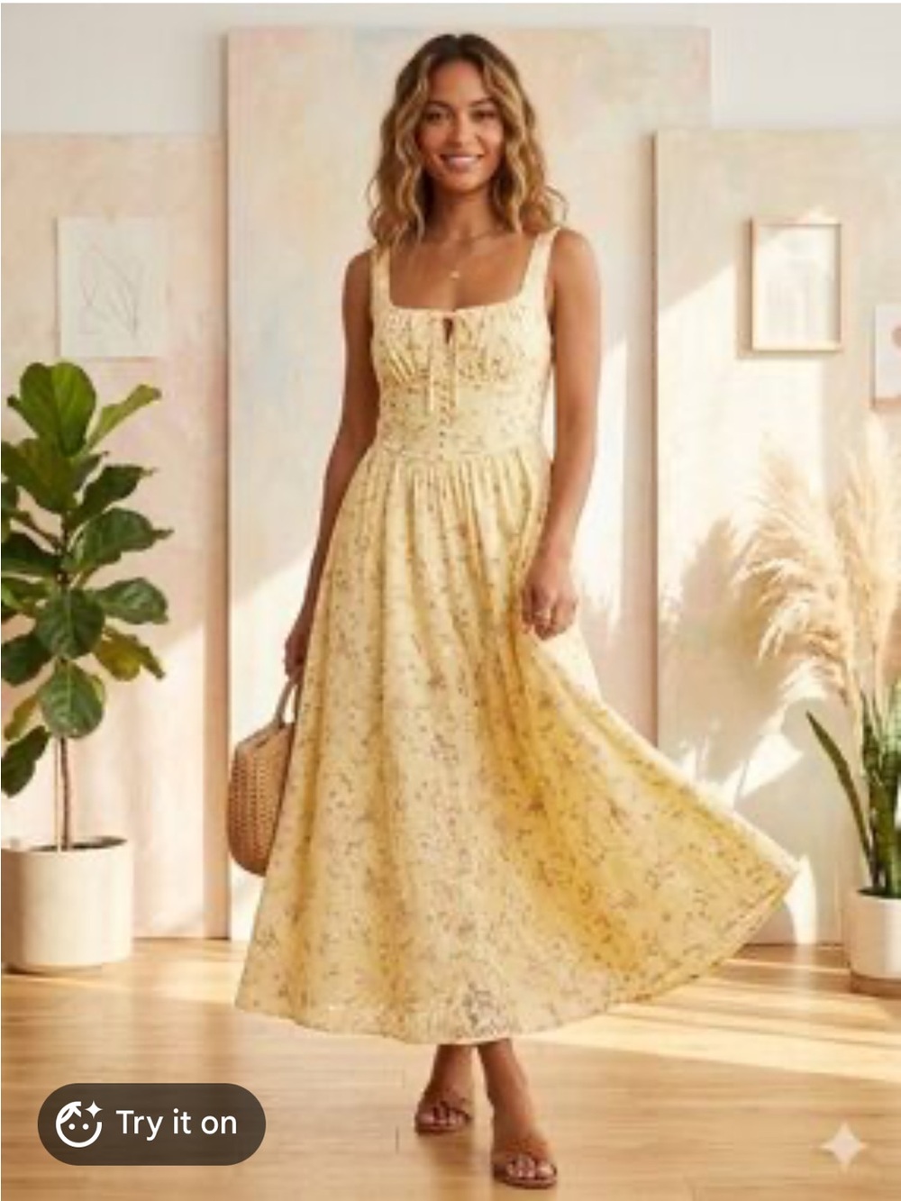 Bright Yellow Floral Maxi Dress with Square Neck
